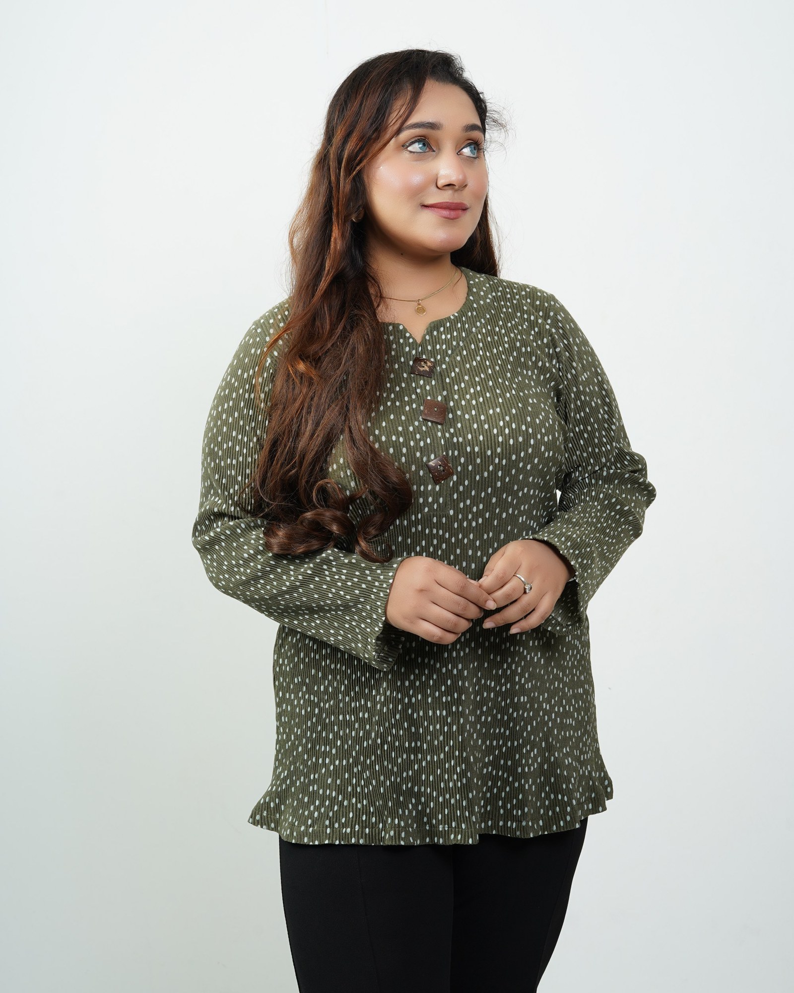 Olive Dot Pleated Top