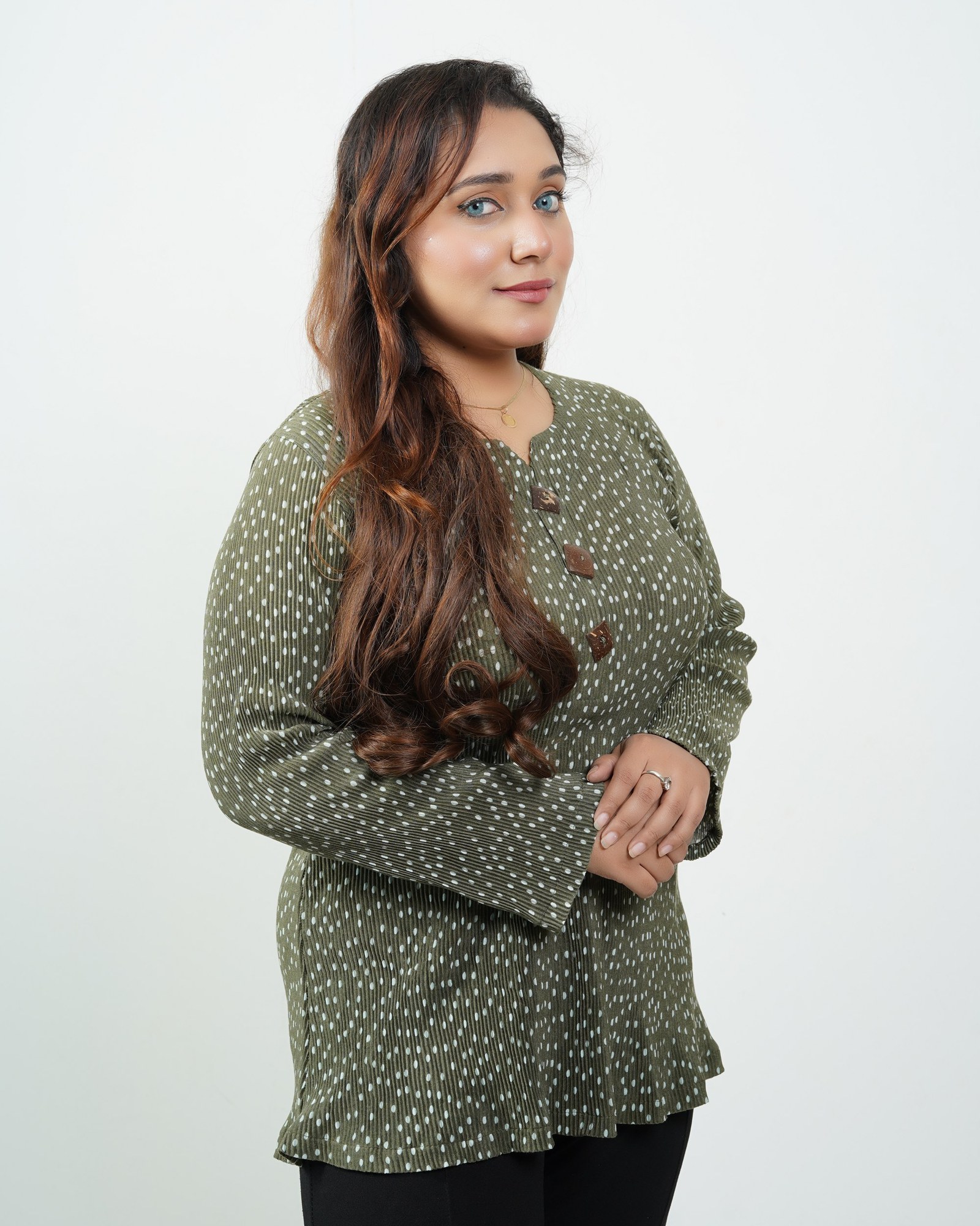 Olive Dot Pleated Top