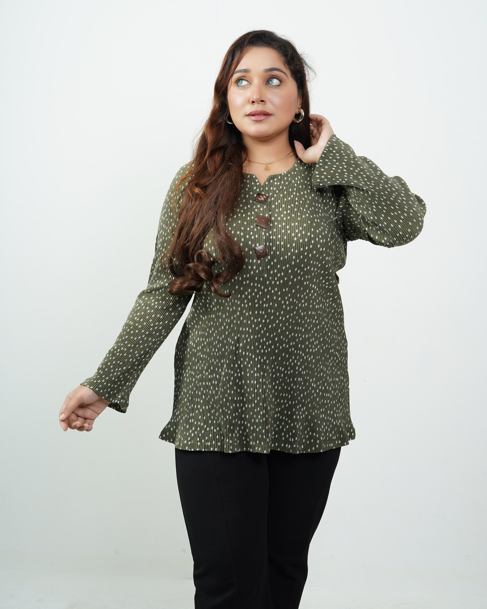 Olive Dot Pleated Top