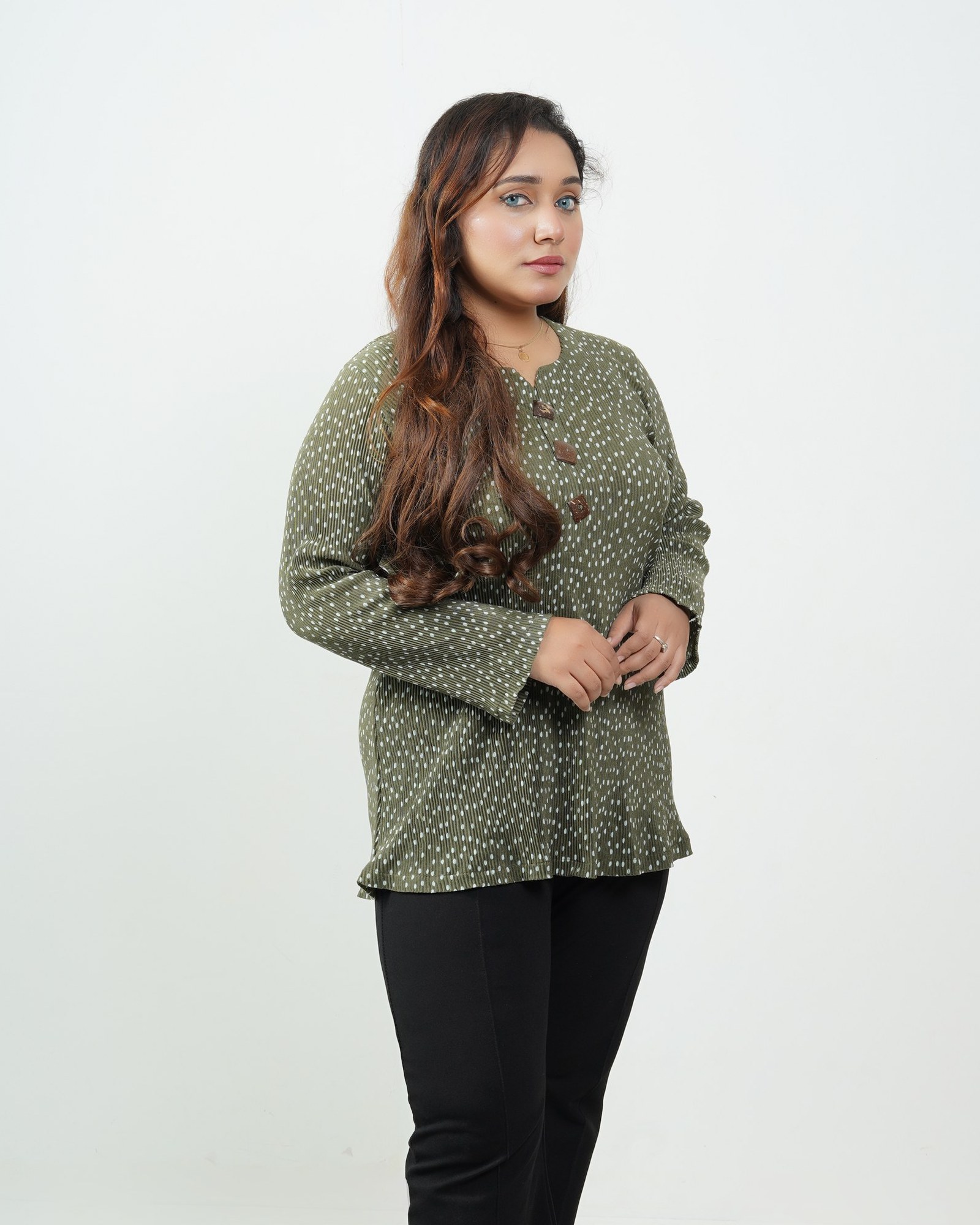 Olive Dot Pleated Top